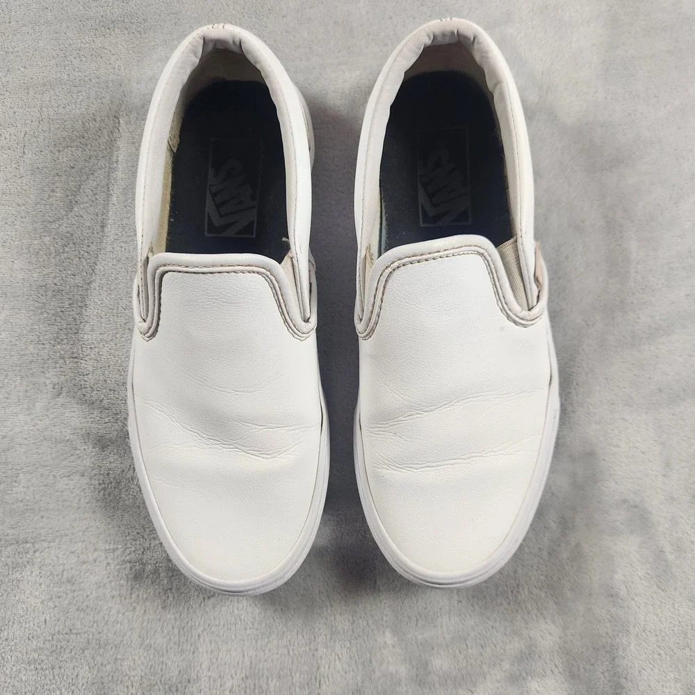Vans Classic Slip-On Shoes Men's 5‎ White Leather Skate Casual Sneakers